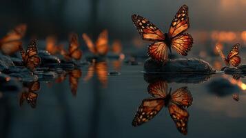 Colorful butterflies resting on stones reflect in calm water during the early morning light photo