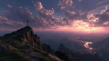 Majestic sunrise over mountains with a cross atop a rocky peak, casting a serene glow in the sky photo
