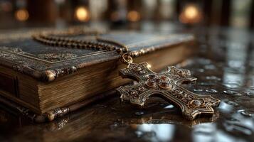 Antique cross and ornate book resting on a reflective surface in a dimly lit environment with warm tones photo