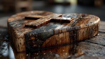 Heart-shaped wooden decor with a cross design placed on a rustic table showcasing natural textures and details photo