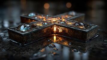 Intricate metallic cross reflecting light on a wet surface in a dimly lit environment capturing a mystical atmosphere photo