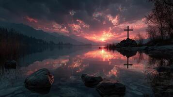 Sunset view over tranquil lake with a cross reflecting in the water surrounded by mountains and a colorful sky photo
