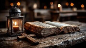 Warm candlelight illuminates an ancient book and wooden cross in a rustic setting during evening hours photo