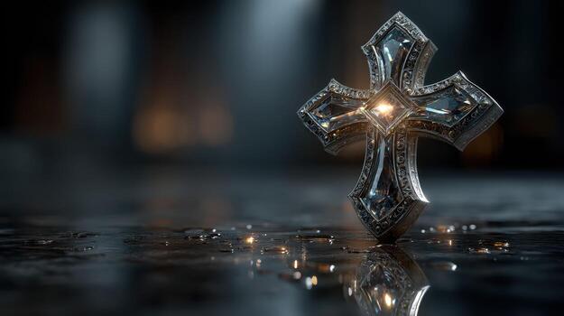Elegant crystal cross reflecting light on a dark surface with droplets in a serene atmosphere photo