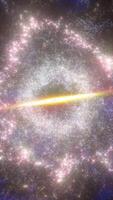 Glowing galactic explosion with a bright central light and pink-white clouds radiating through deep space, resembling a nebular supernova event video