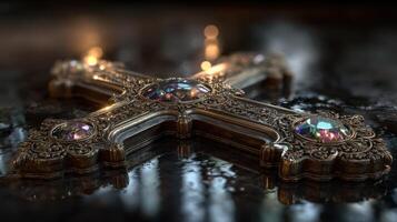Intricately designed cross with gemstones resting on a reflective surface in a dimly lit environment photo