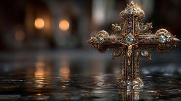 Beautiful ornate cross submerged in reflective water with soft lighting creating a serene atmosphere photo