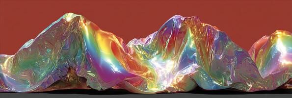 Brilliant iridescent mountains shimmer under bright light in a vibrant red backdrop during a creative art exhibition photo