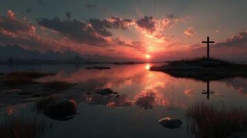 Serene sunset over calm waters with a cross on a rocky shore near mountains photo