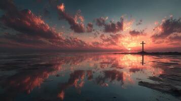 Sunset reflection over calm waters with a cross silhouette in the background photo