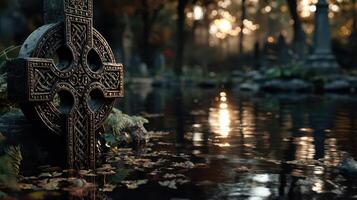 Intricate Celtic cross stands near tranquil waters in an ancient graveyard surrounded by autumn foliage at dusk photo