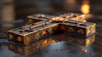 Ornate metallic cross rests on reflective surface during golden hour, showcasing intricate designs and warm tones photo