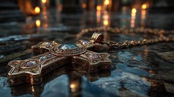 Intricate golden cross adorned with gemstones resting on a reflective surface amid softly glowing candles photo