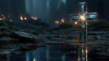 Crystal cross glimmers in misty forest environment during twilight hours revealing an ethereal atmosphere photo