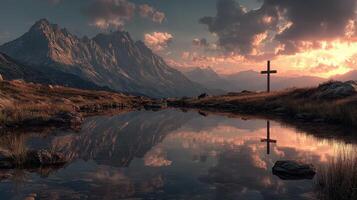 Mountain landscape with reflection in water during sunset showcasing a cross and dramatic sky photo