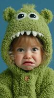 Child expresses a funny face while wearing a green monster costume against a blue background photo