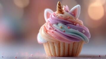 Delightful unicorn cupcake with pastel frosting and whimsical decorations at a cheerful dessert display photo