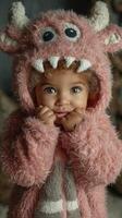 Child wearing a fuzzy monster hoodie smiles playfully during a cozy indoor moment in the afternoon light photo