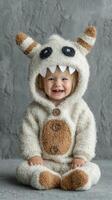 Cute toddler dressed in fluffy animal costume sits happily on gray background smiling widely photo