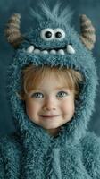 Child in blue fuzzy monster costume smiling warmly against a textured background photo