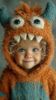 Child in a fluffy orange monster costume smiles brightly in a cozy indoor setting during a playful moment photo