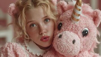Young girl cuddles plush unicorn toy in cozy pastel room during afternoon photo