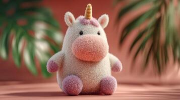 Soft and colorful unicorn plush toy sitting on a pink surface with tropical plant leaves in the background photo