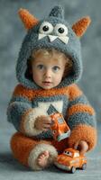 Cute toddler in fuzzy monster costume playing with toy cars in a cozy indoor setting during afternoon photo