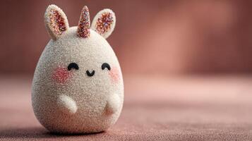 Cute unicorn figure with pastel colors rests on soft surface during daylight, showcasing delightful charm and playful design photo