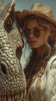 Woman wearing sunglasses poses confidently near a life-like dinosaur during a sunny outdoor day in a unique prehistoric-themed setting photo