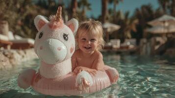 Smiling toddler enjoys a sunny day in a pool with a colorful unicorn float photo