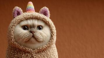 Cute cat dressed in a unicorn costume with colorful horn enjoying a playful moment indoors during the afternoon photo