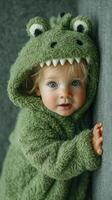Child in green dinosaur outfit poses playfully against a soft backdrop in a cozy indoor setting during daylight hours photo