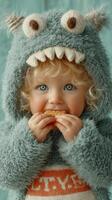 Cute child in furry monster costume enjoying a snack at home during a cozy afternoon photo