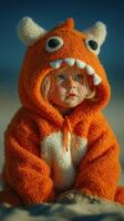 Child in orange monster hoodie gazing thoughtfully at the beach during golden hour, surrounded by soft sand and sea photo