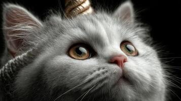 Unique gray cat with a unicorn horn showcasing curious expression in a dark setting photo