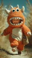 Cute child in orange monster costume joyfully running through tall grass during sunny day photo