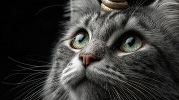Close-up of a curious gray cat looking upwards with an ornate decoration perched on its forehead photo
