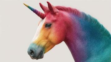 Colorful unicorn head with vibrant rainbow hues against a neutral background photo