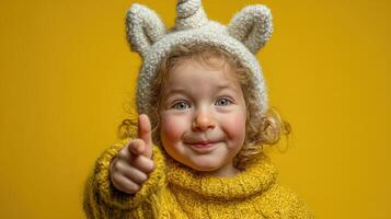 Cheerful child in a unicorn hat gives a thumbs up against a bright yellow background photo