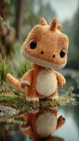 Orange plush dragon figure stands by a tranquil pond surrounded by greenery in a forest setting photo