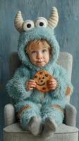 Child in fluffy blue monster costume sitting on chair holding chocolate chip cookie with a playful expression photo