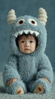 Child dressed in fluffy monster costume sitting on soft surface with a curious expression photo