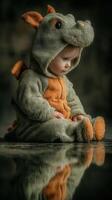Child in dragon costume sits thoughtfully on reflective surface indoors during fall photo