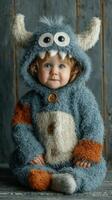 Child in a cozy monster costume sitting on a wooden floor in a softly lit room during autumn photo