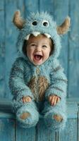 Young child joyfully dressed in a fluffy blue monster costume with a playful expression indoors against a blue wooden background photo
