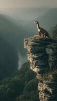 Dinosaur on rocky cliff overlooking valley at sunset in a misty landscape photo