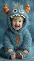 Happy baby dressed in a fluffy monster costume smiles brightly in a playful setting during daytime photo