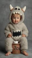 Baby in fuzzy monster costume sitting on a container with a playful expression indoors photo