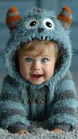 Baby smiles wearing a fluffy monster costume indoors, enjoying playful moments in cozy atmosphere photo